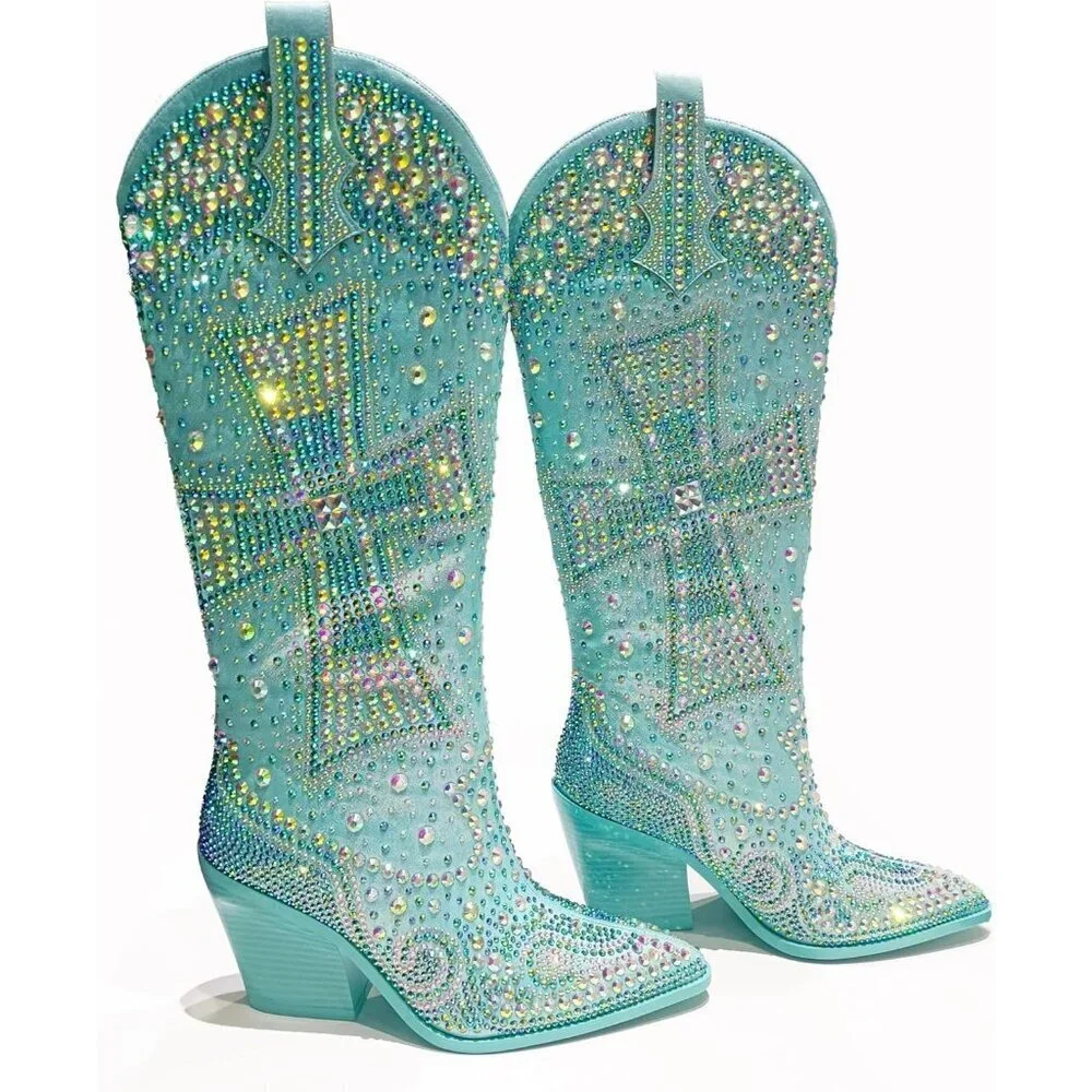 Women's Blue Fashion Rhinestone Cross Western Knee-High Cowboy Boots